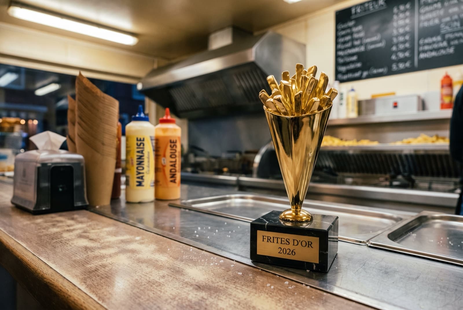 De Frites d'Or 2026-trofee: een gouden puntzak friet op de toonbank van een frituur